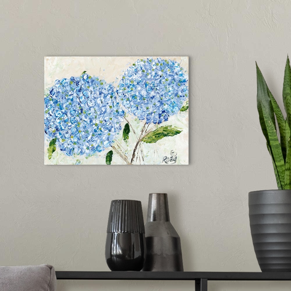 A modern room featuring Horizontal abstract of vibrant Blue Hydrangeas in textured brush strokes.