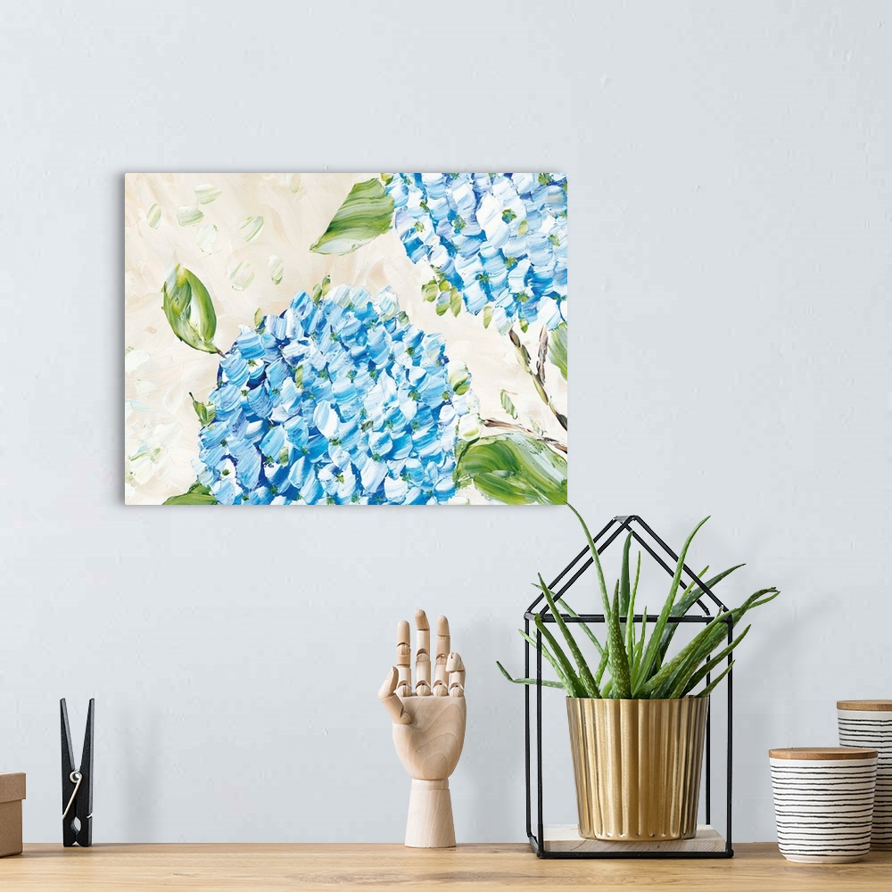 A bohemian room featuring Horizontal abstract of vibrant Blue Hydrangeas in textured brush strokes.