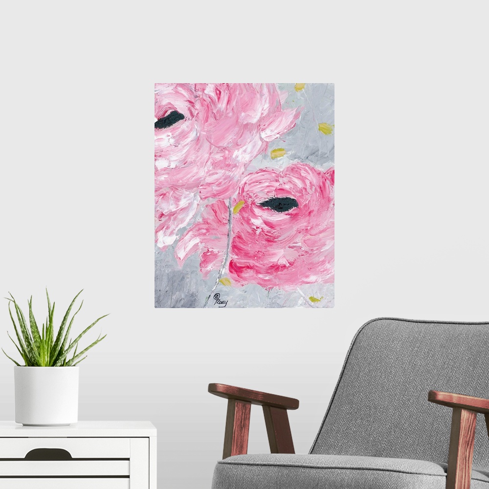 A modern room featuring Vertical abstract of bright pink roses in bloom against a textured gray background.