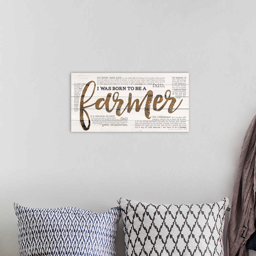 A bohemian room featuring Typography art celebrating farmers and faith on a white board background.
