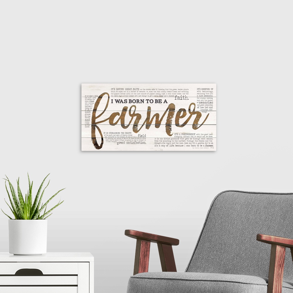 A modern room featuring Typography art celebrating farmers and faith on a white board background.