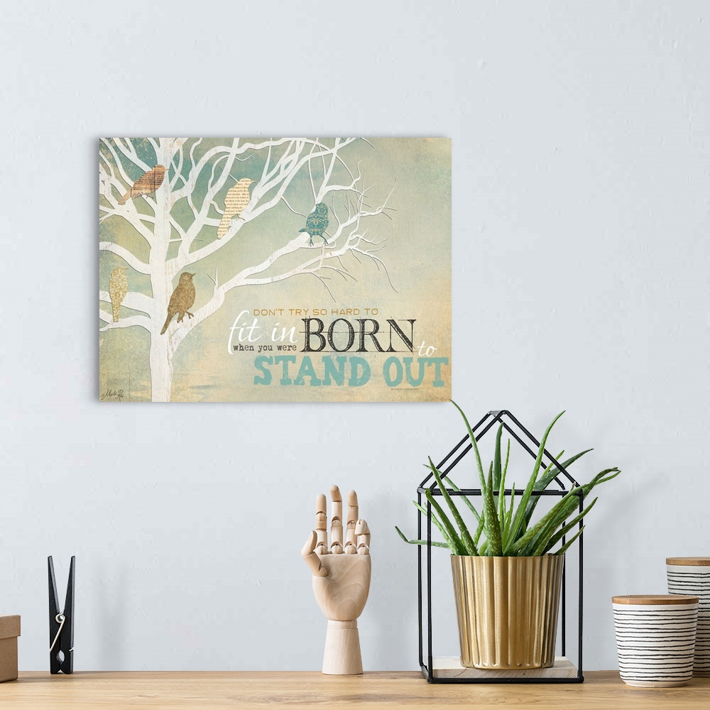 A bohemian room featuring Inspirational home decor artwork, with a white tree silhouette with different colored birds on th...