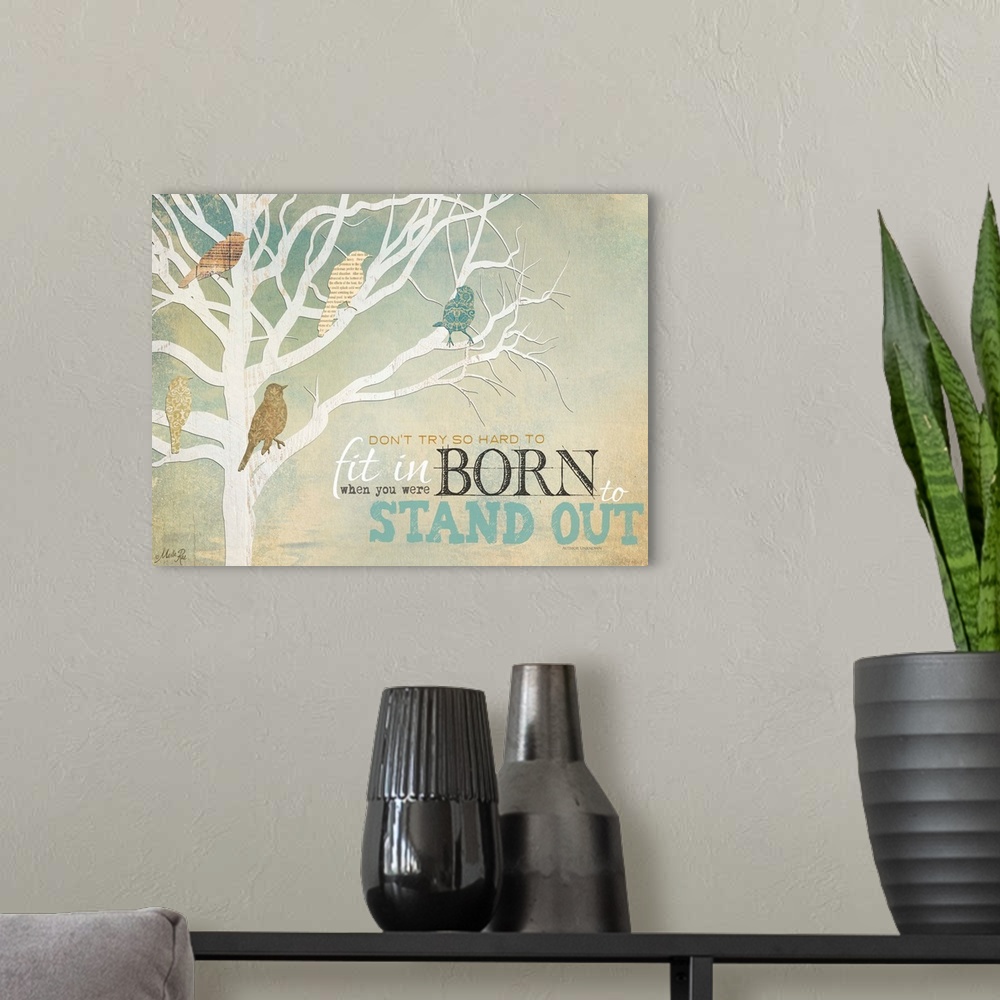 A modern room featuring Inspirational home decor artwork, with a white tree silhouette with different colored birds on th...