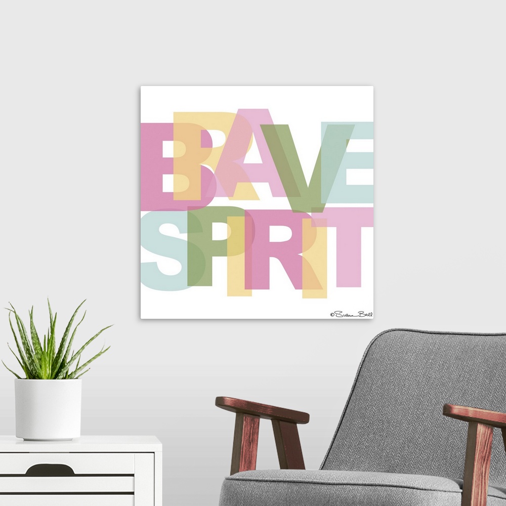 A modern room featuring Typography art in large, pastel block letters, overlapping on a white background.