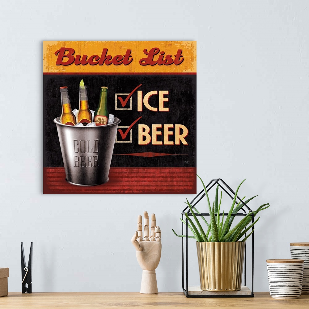 A bohemian room featuring Humorous sign advertising beer with large, bold lettering.