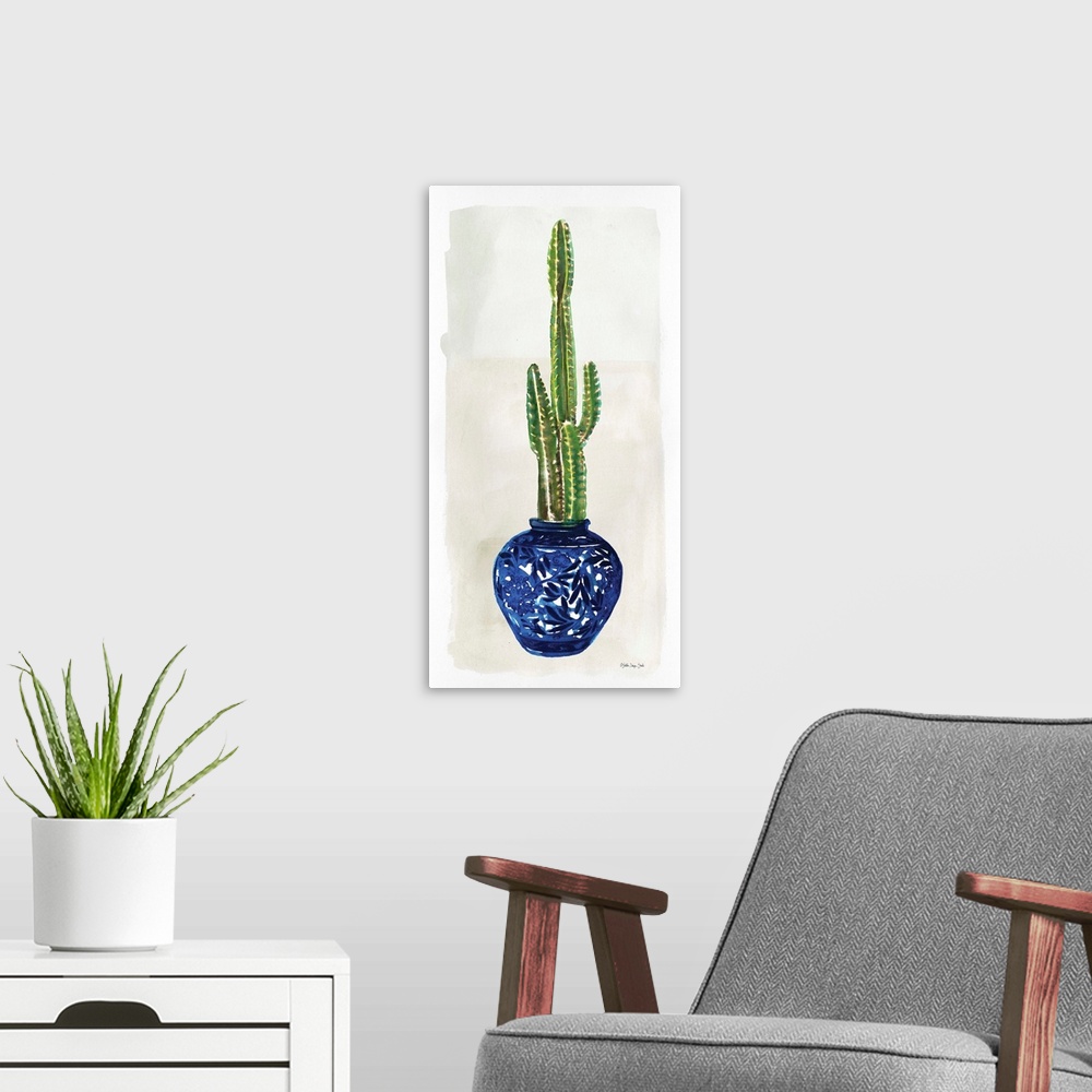 A modern room featuring Cacti in Blue Pot 1
