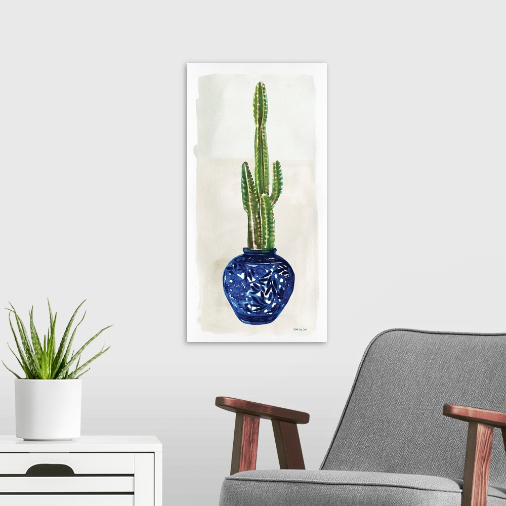 A modern room featuring Cacti in Blue Pot 1