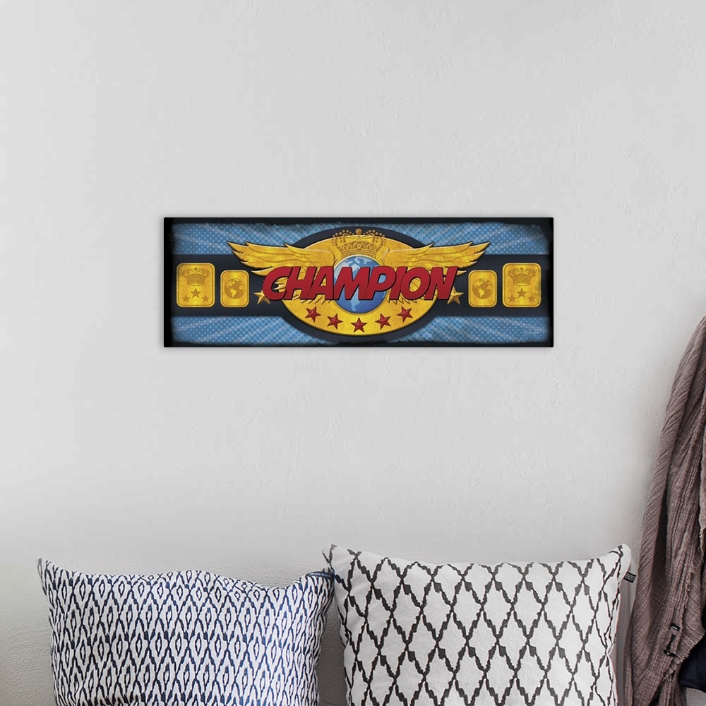 A bohemian room featuring Kids' artwork of a large wrestling championship belt with gold wings.