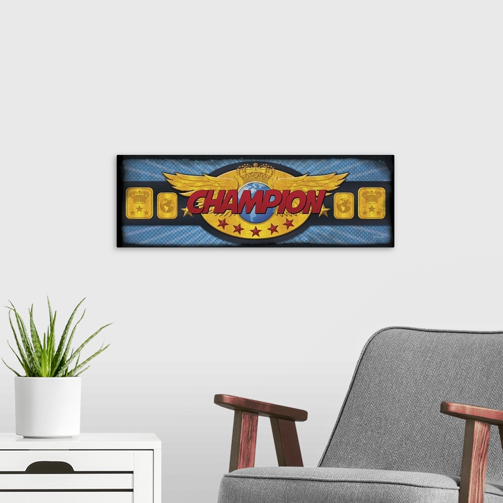 A modern room featuring Kids' artwork of a large wrestling championship belt with gold wings.