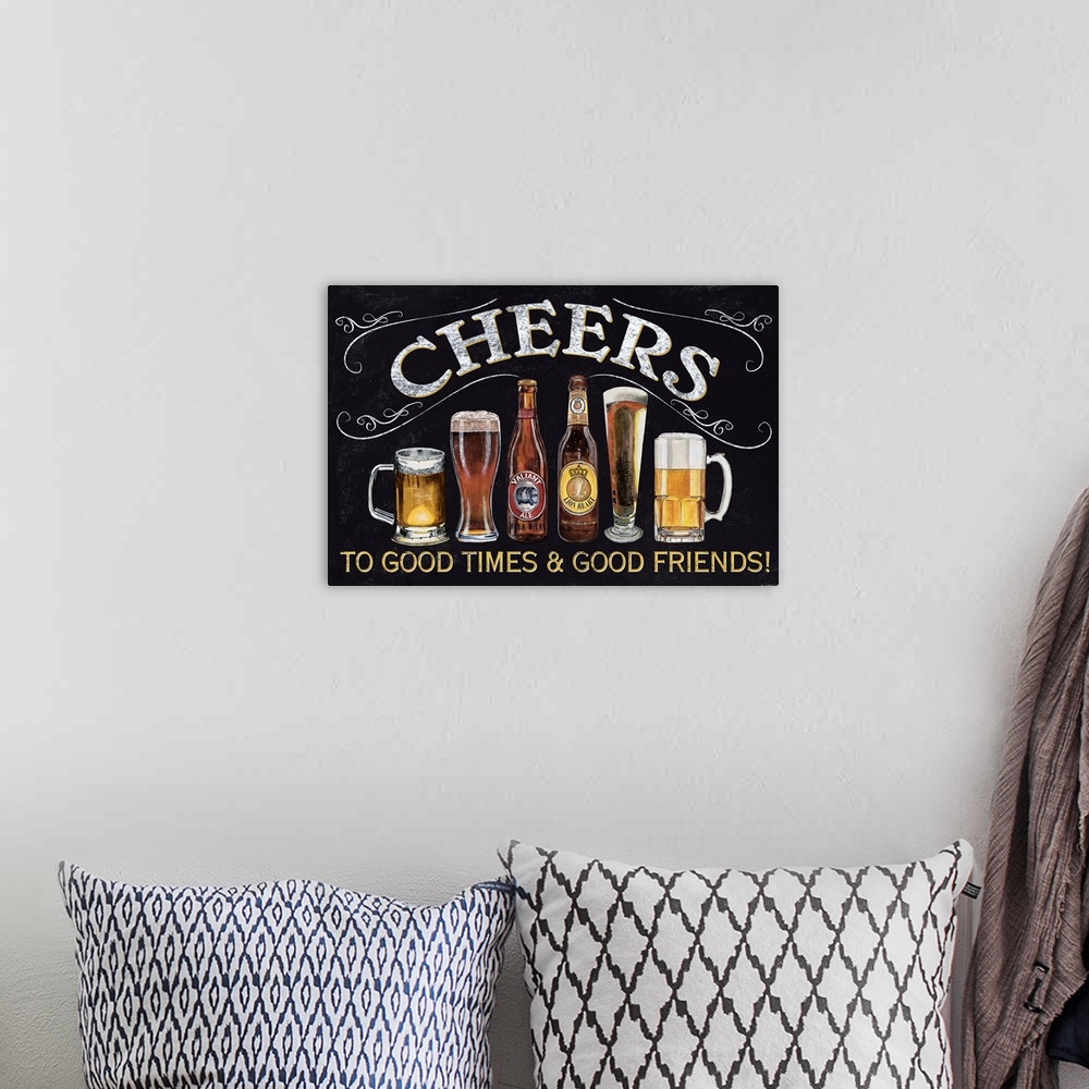 A bohemian room featuring A chalkboard style sign with various beer mugs and bottles.