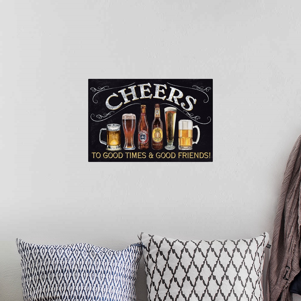 A bohemian room featuring A chalkboard style sign with various beer mugs and bottles.