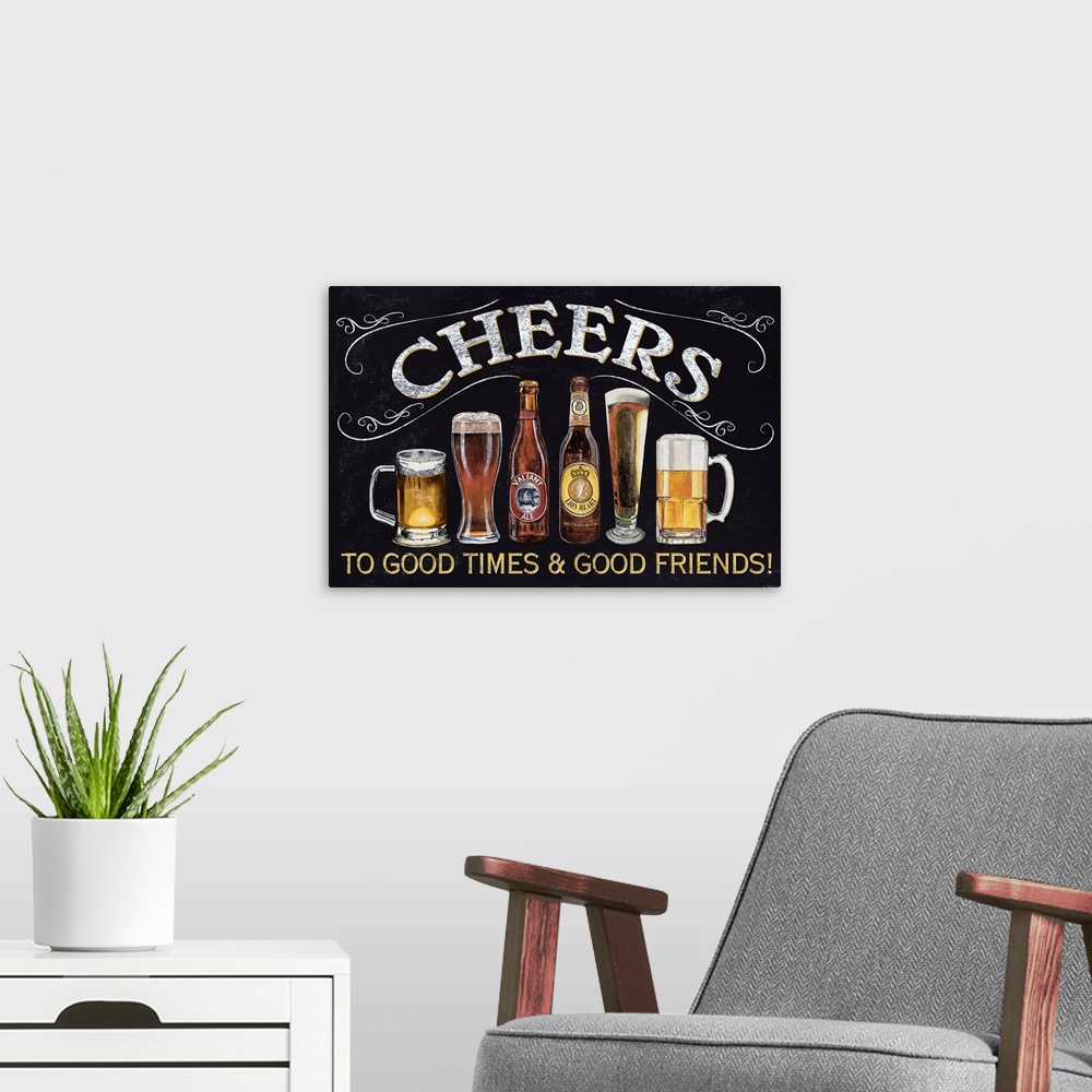 A modern room featuring A chalkboard style sign with various beer mugs and bottles.