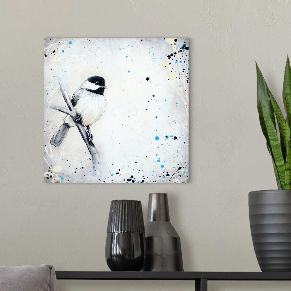 A modern room featuring Painting of a black-capped chickadee perched on a branch, surrounded by black and blue paint spla...