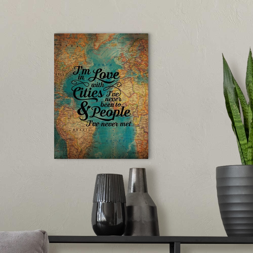 A modern room featuring Typography artwork of a sentiment honoring friendship over an image of an antique world map.