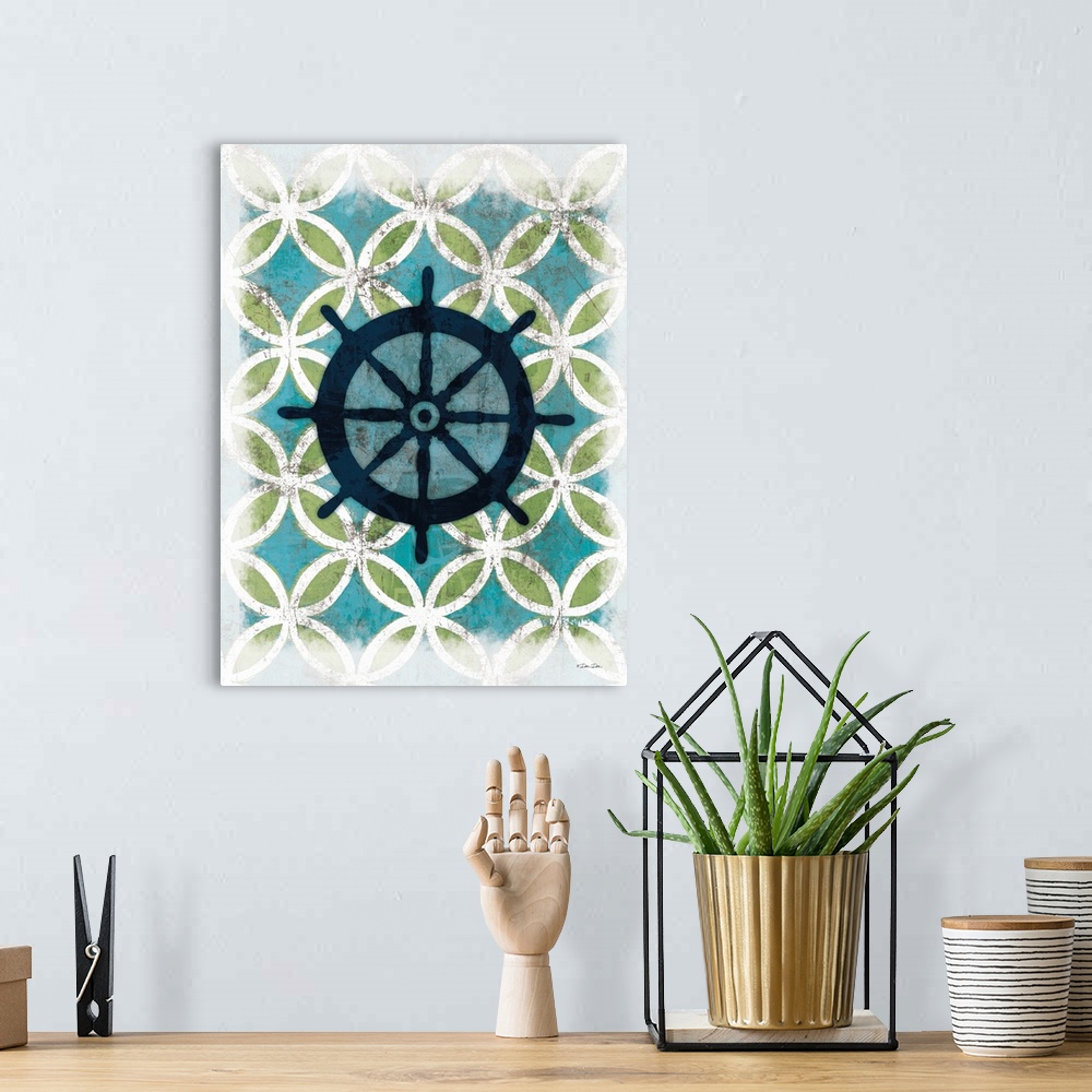 A bohemian room featuring Nautical design of a ship's wheel on a circular geometric background.