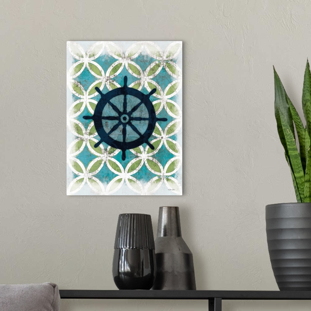 A modern room featuring Nautical design of a ship's wheel on a circular geometric background.