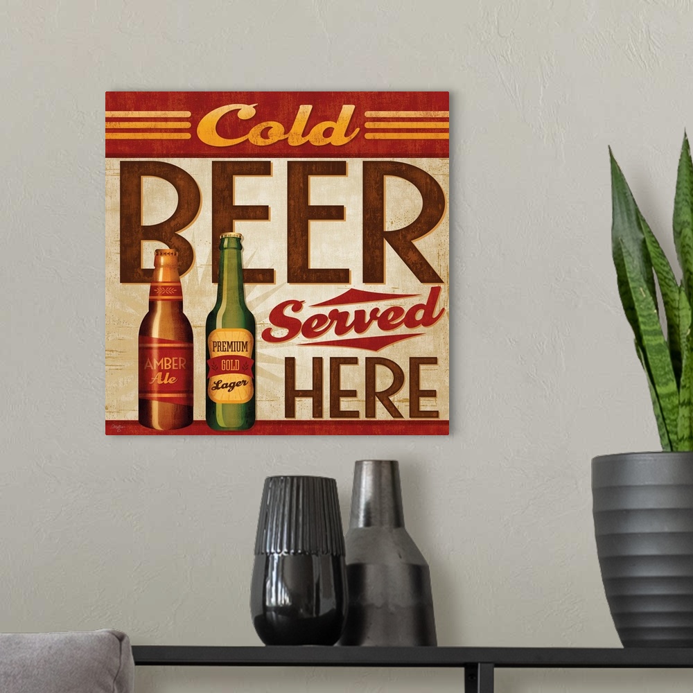 A modern room featuring Retro style sign advertising cold beer with large, bold lettering.