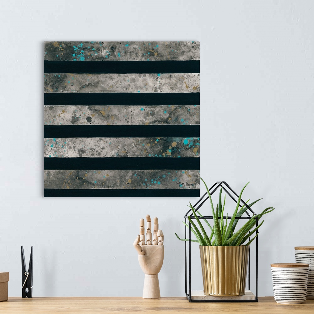 A bohemian room featuring Abstract art print of horizontal lines in grey and turquoise contrasting with solid black.