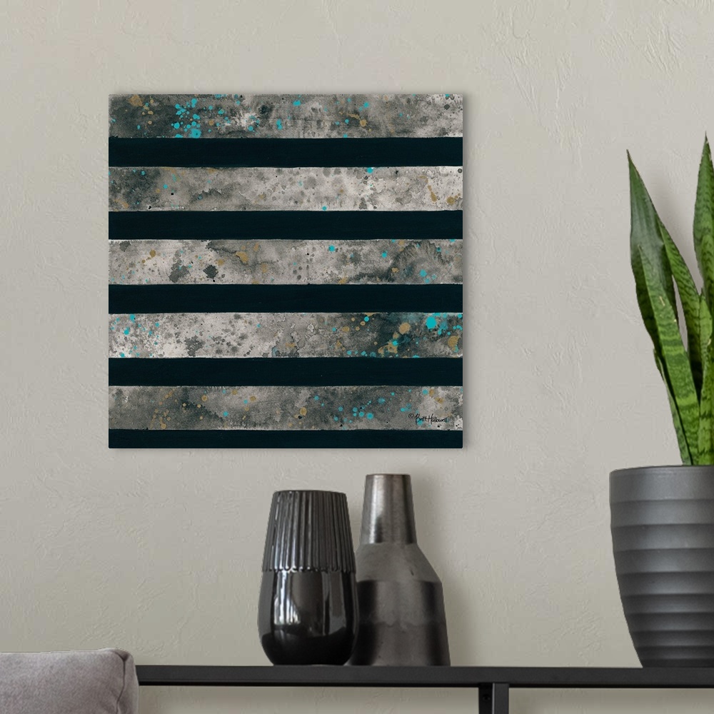 A modern room featuring Abstract art print of horizontal lines in grey and turquoise contrasting with solid black.