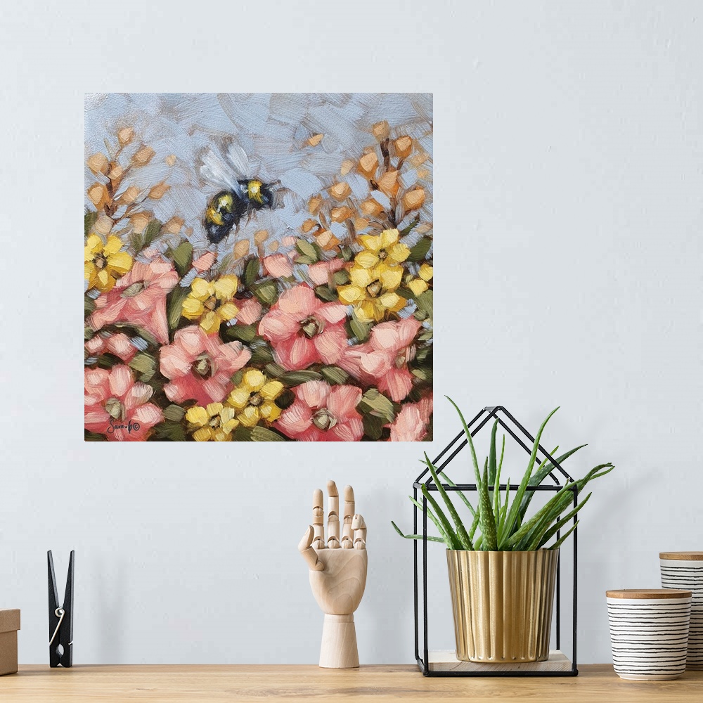 A bohemian room featuring A sweet, contemporary painting of a bee hovering above pink and yellow flowers, with very noticea...