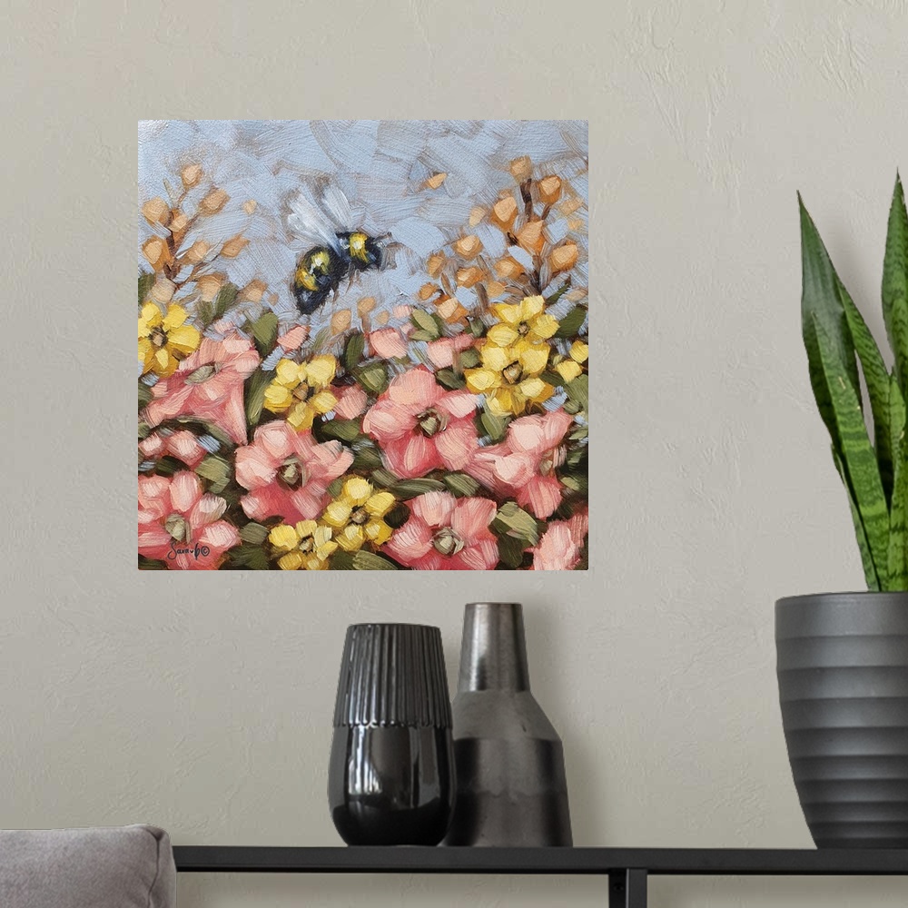 A modern room featuring A sweet, contemporary painting of a bee hovering above pink and yellow flowers, with very noticea...