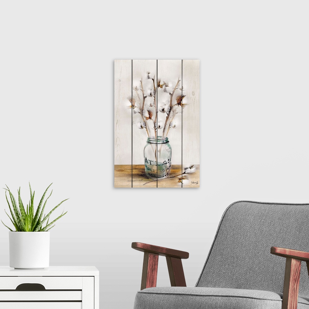 A modern room featuring Artwork of cotton buds arranged in a glass jar on a wooden board background.