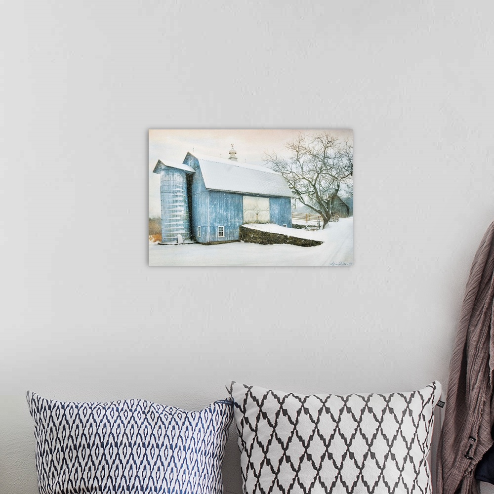 A bohemian room featuring Photograph of a blue barn in rural countryside scene in winter.