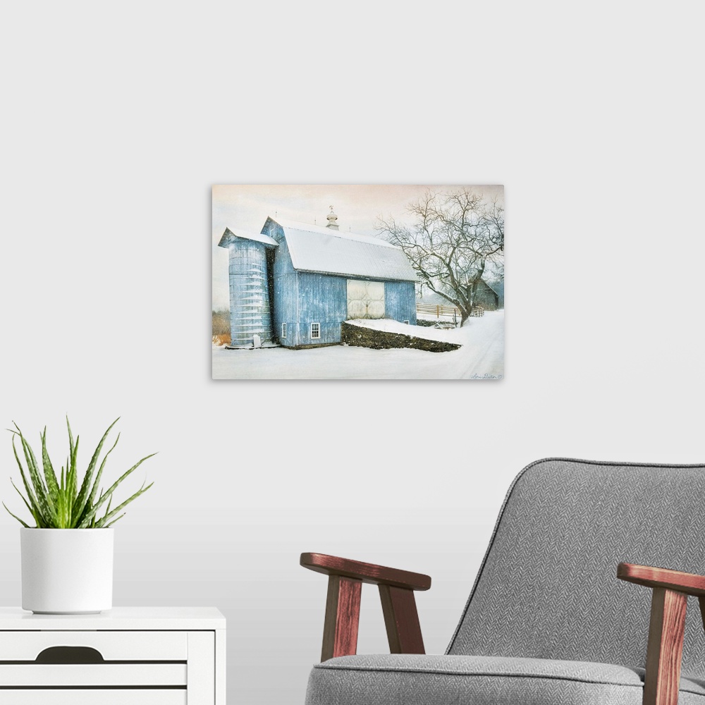 A modern room featuring Photograph of a blue barn in rural countryside scene in winter.