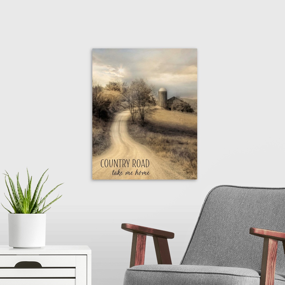A modern room featuring Text over an image of a dirt road leading to a farm and silo in the countryside.