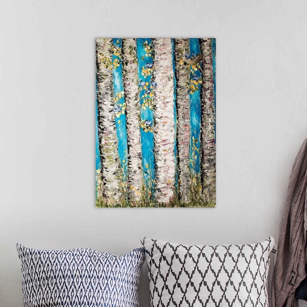 A bohemian room featuring Contemporary artwork of a forest of birch trees with yellow leaves.