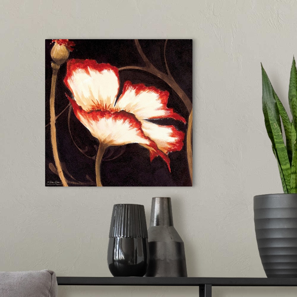 A modern room featuring Artwork of a red and white poppy with the stems in the background.