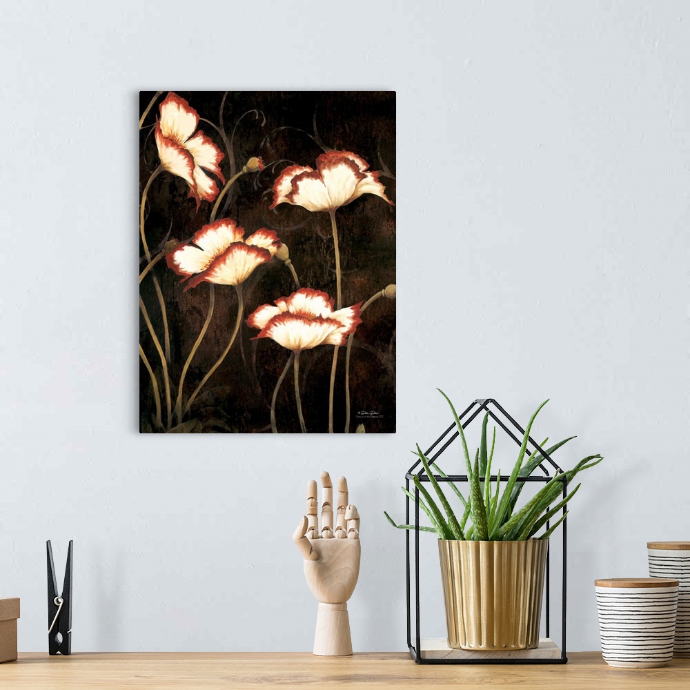 A bohemian room featuring Artwork of red and white poppies against a dark background with golden stems.