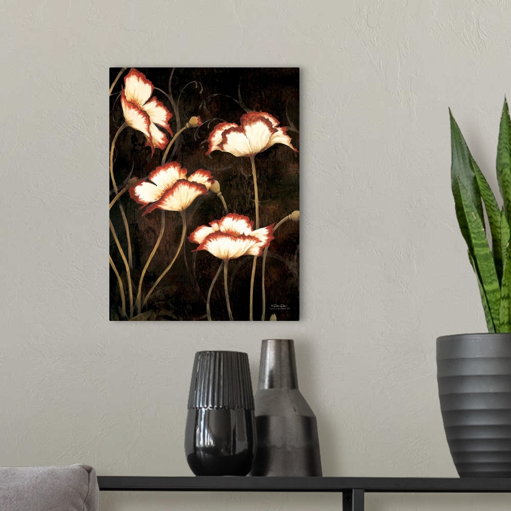 A modern room featuring Artwork of red and white poppies against a dark background with golden stems.