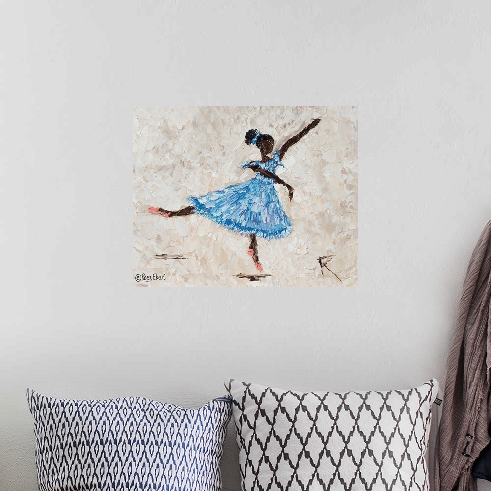 A bohemian room featuring horizontal abstract of a ballerina in blue artfully done in bold brush strokes.