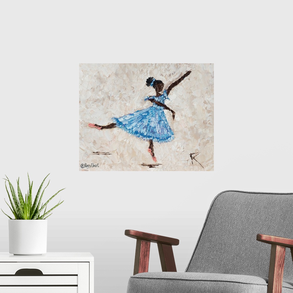 A modern room featuring horizontal abstract of a ballerina in blue artfully done in bold brush strokes.