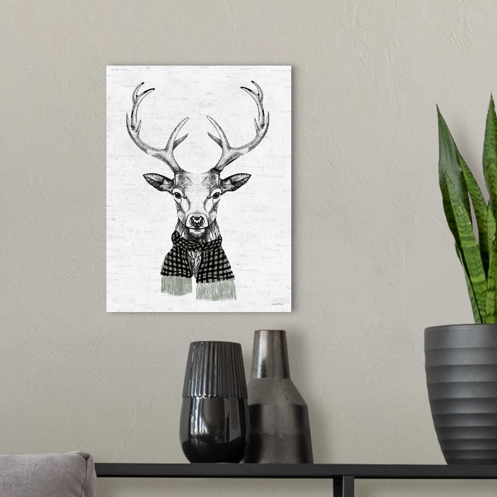 A modern room featuring Deer With Plaid Scarf