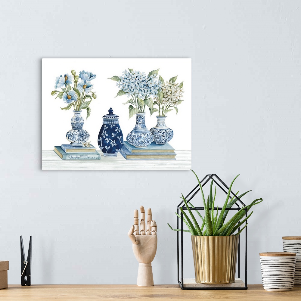 A bohemian room featuring Delft Blue Floral I