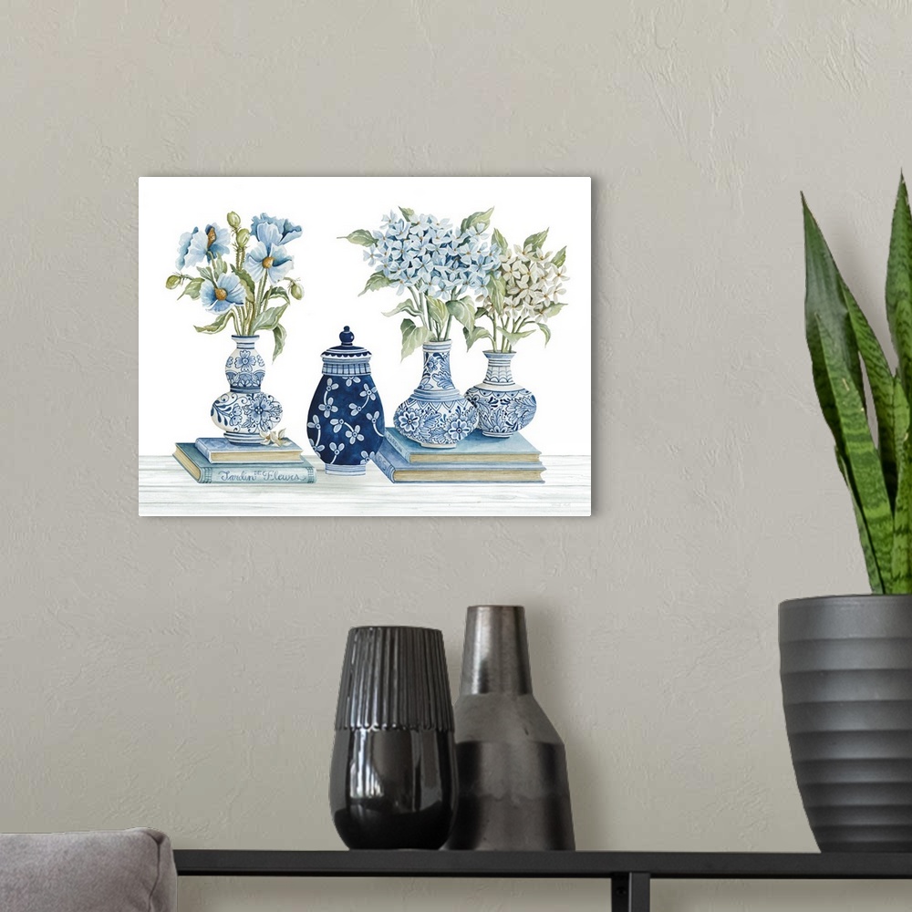 A modern room featuring Delft Blue Floral I
