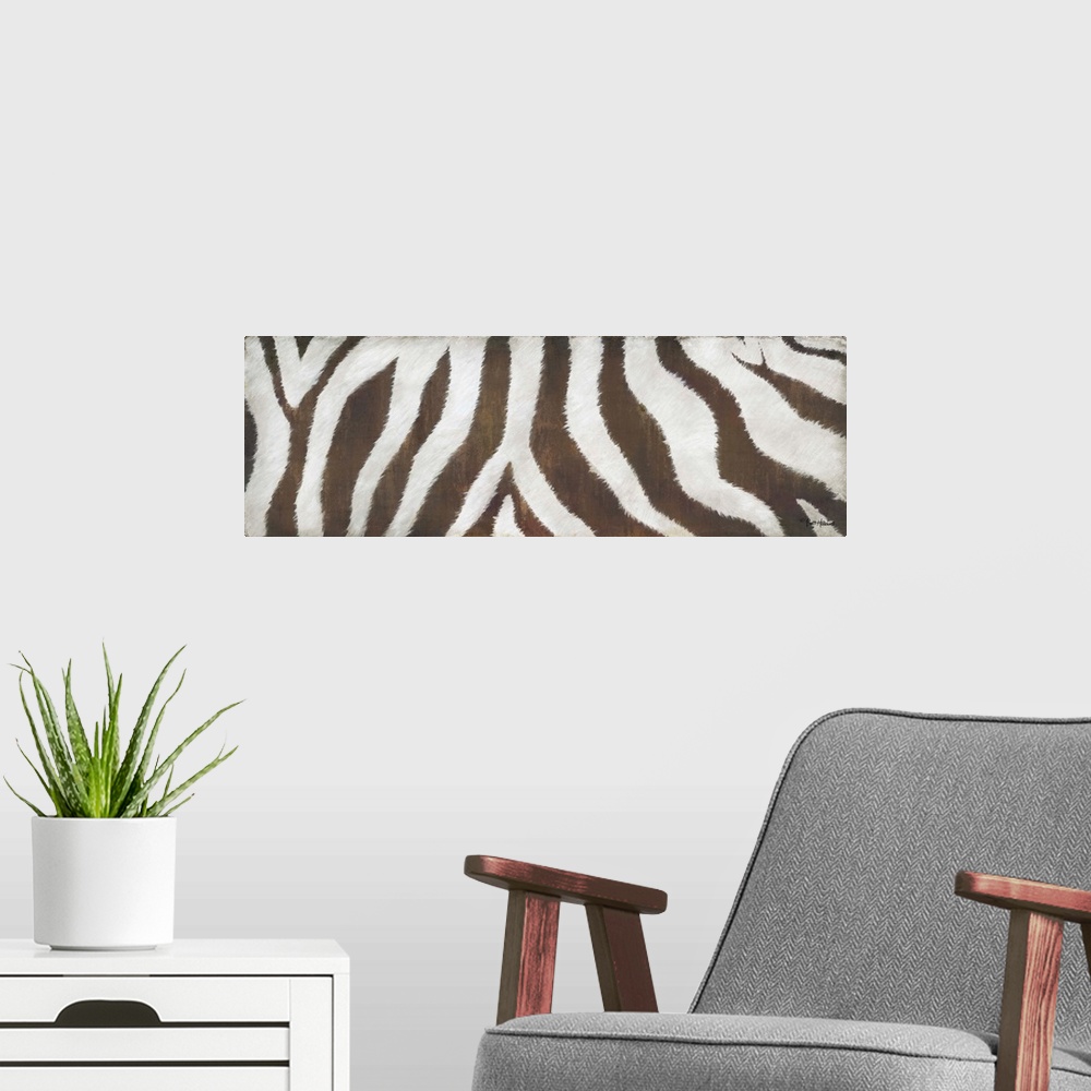 A modern room featuring A large horizontal close up of the body of a zebra in white and brown.
