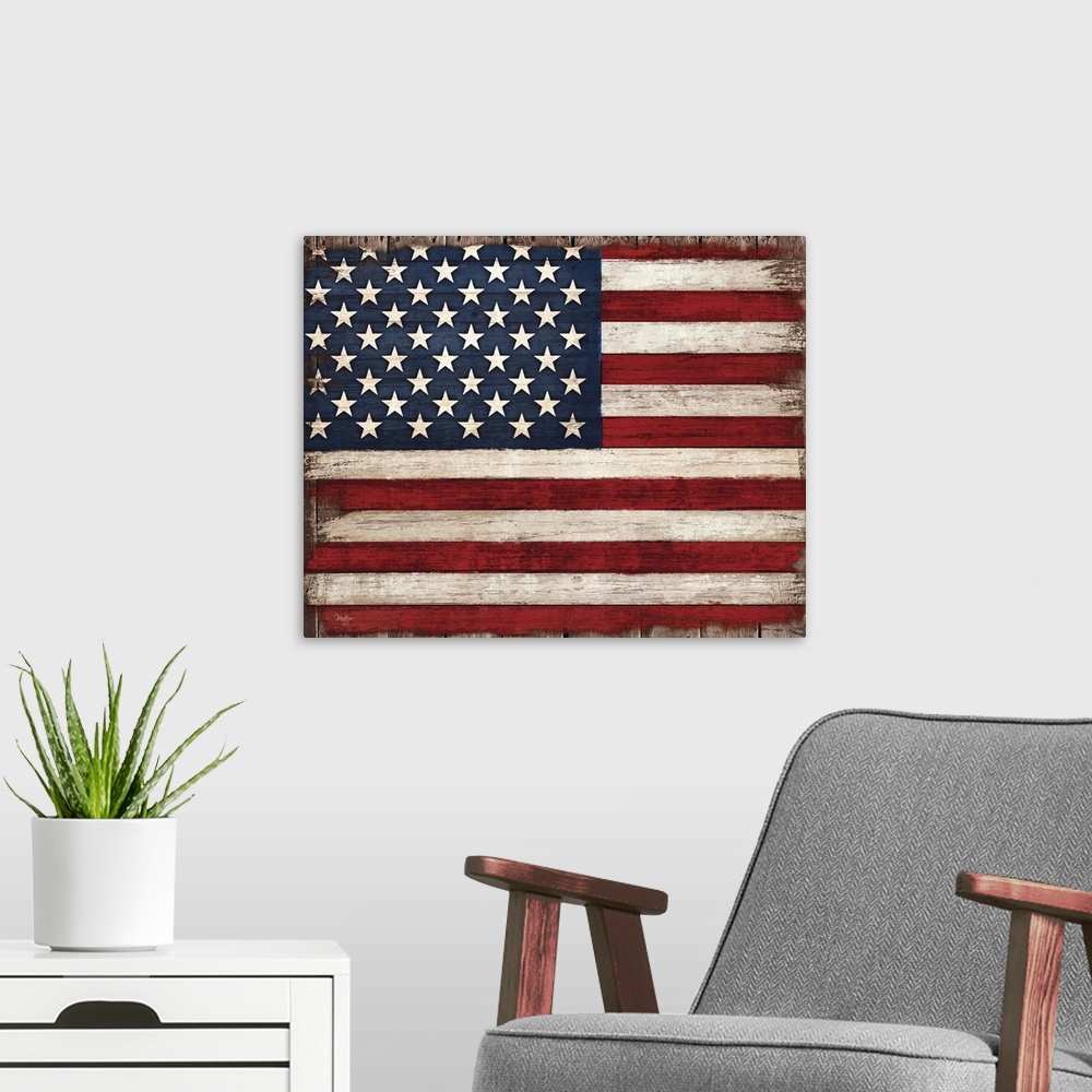 A modern room featuring Distressed looking American flag against a rustic wooden surface.