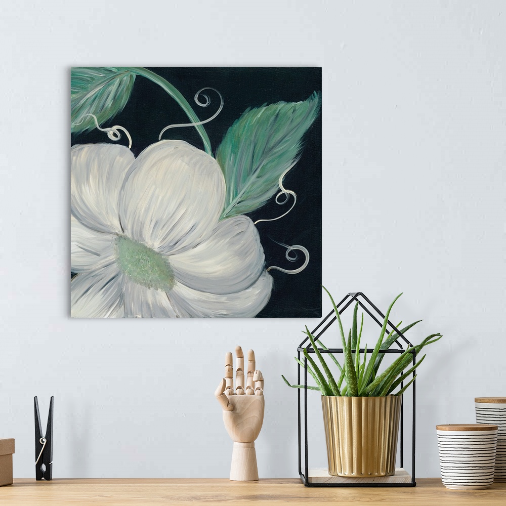 A bohemian room featuring Square contemporary painting of a close up of a dogwood bloom.