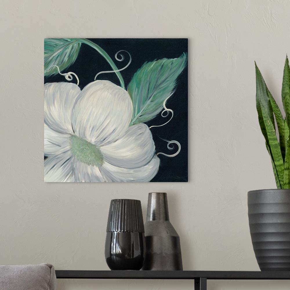 A modern room featuring Square contemporary painting of a close up of a dogwood bloom.