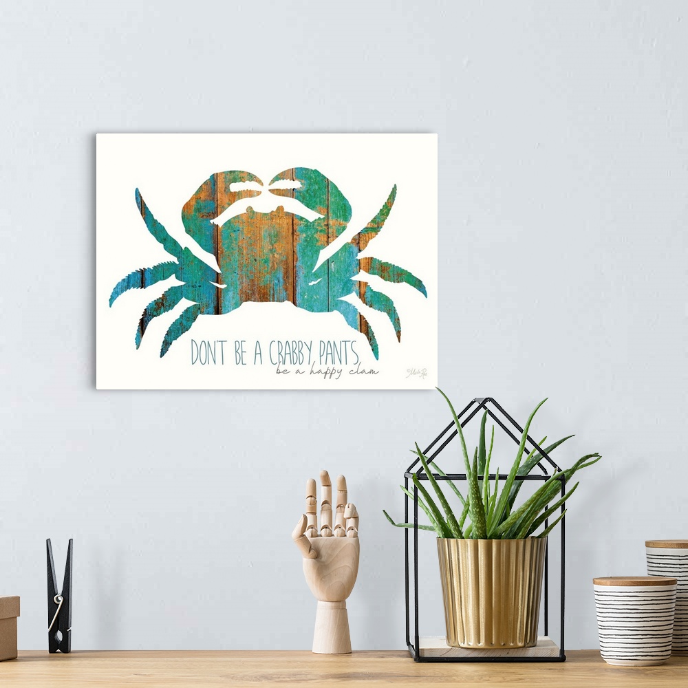 A bohemian room featuring Crab silhouette with a turquoise and orange weathered wood effect.