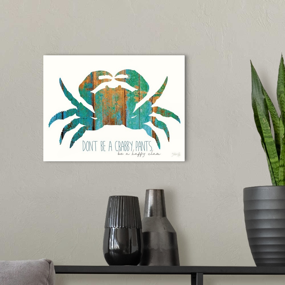 A modern room featuring Crab silhouette with a turquoise and orange weathered wood effect.