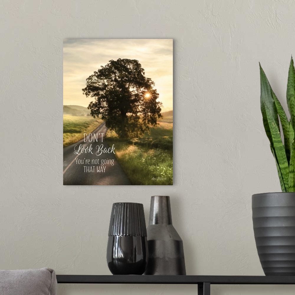 A modern room featuring The words: Don't look back, you're not going that way, over a countryside landscape.