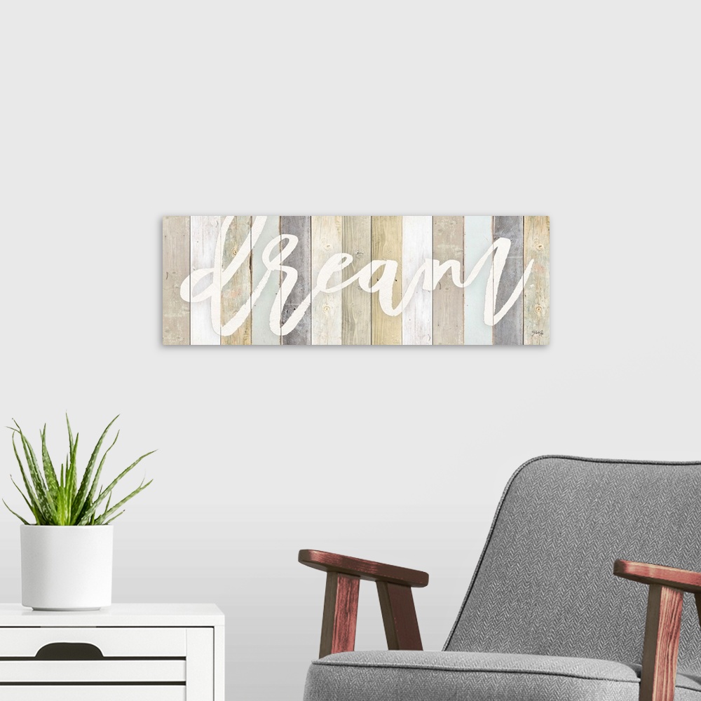 A modern room featuring Inspirational typography artwork on a background of various wooden boards.