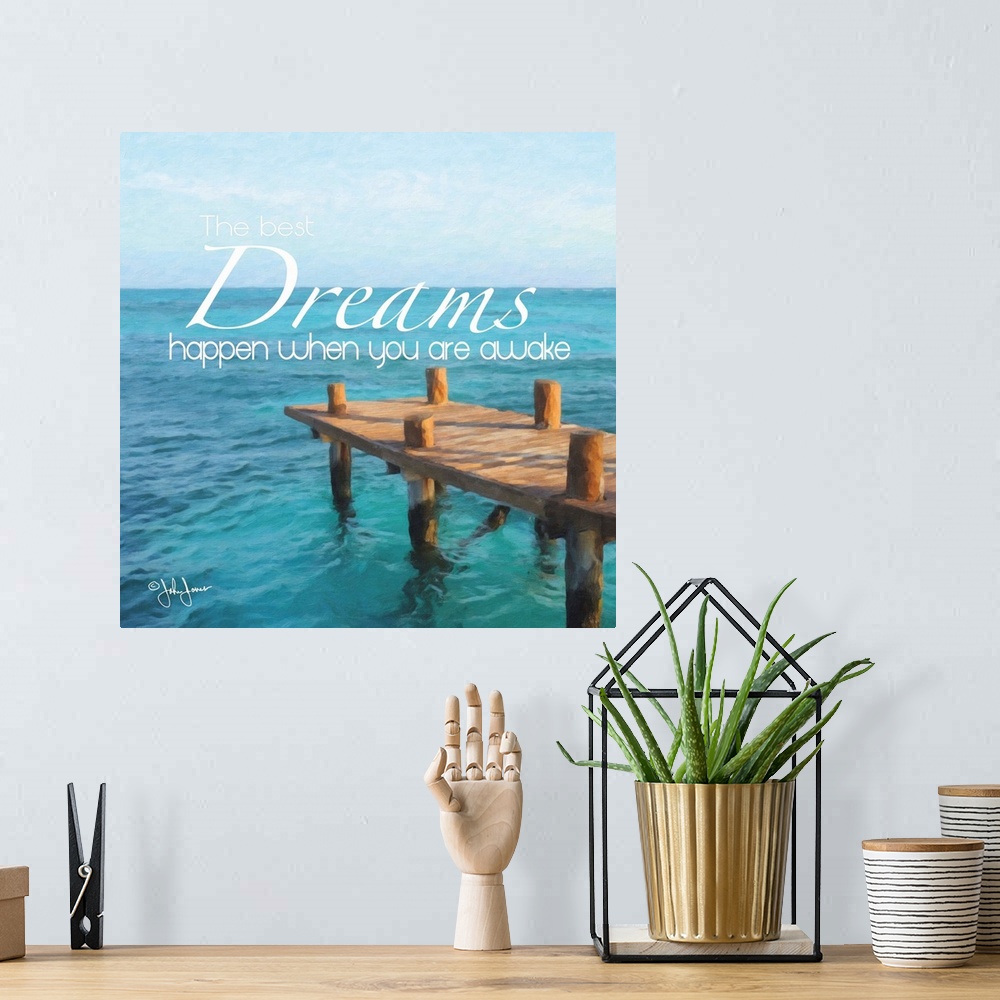 A bohemian room featuring Inspirational text against a photograph of a dock jetting out over crystal blue water.