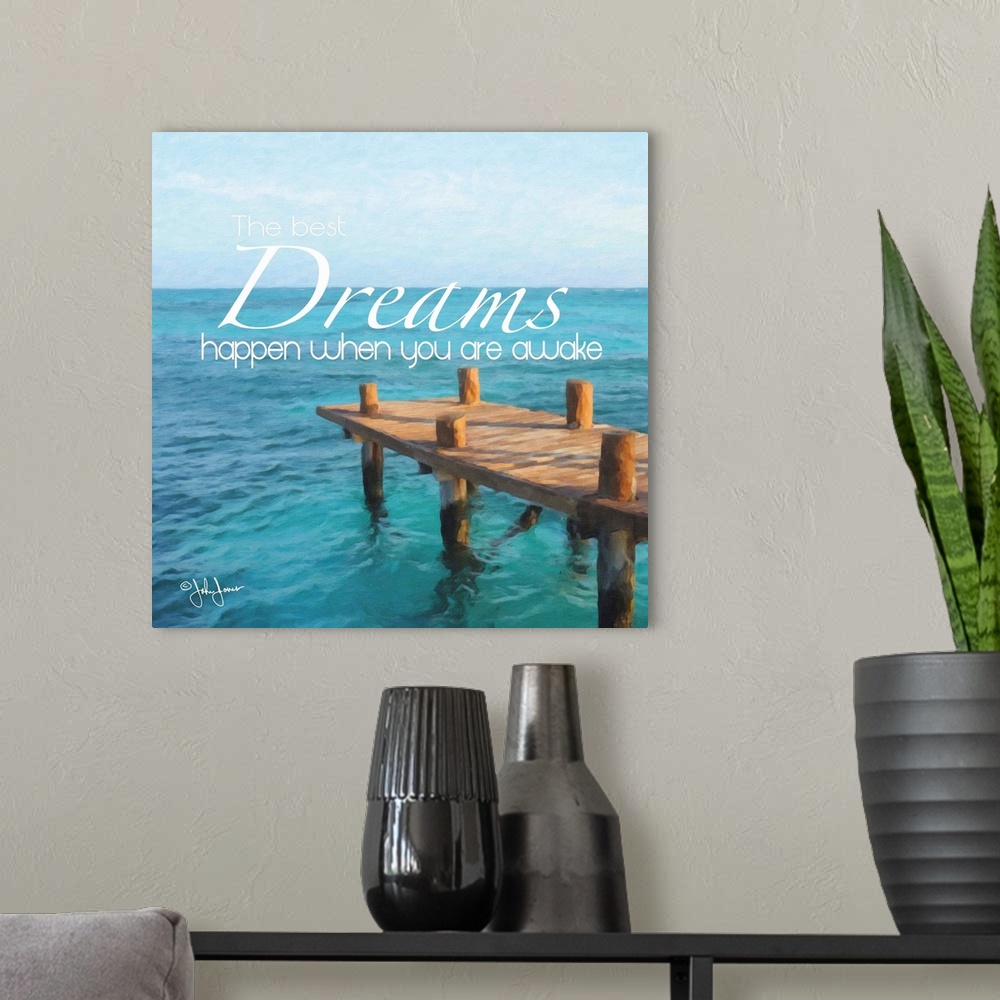A modern room featuring Inspirational text against a photograph of a dock jetting out over crystal blue water.
