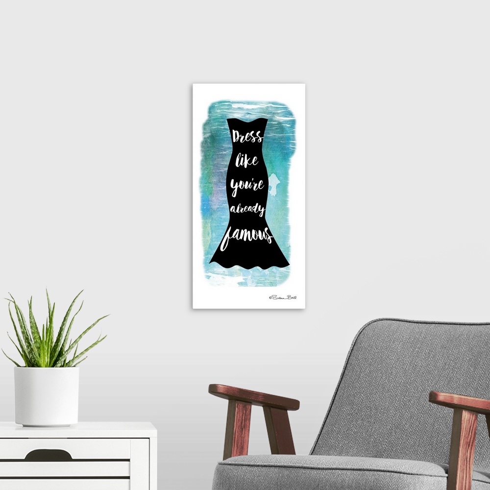 A modern room featuring Sassy quote about fashion in white script on a dress silhouette, over blue watercolor.