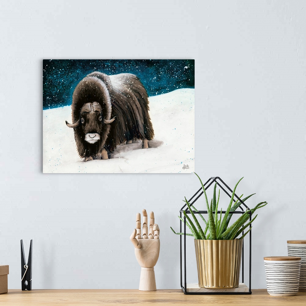 A bohemian room featuring Artwork of a large muskox standing in the snow at night.